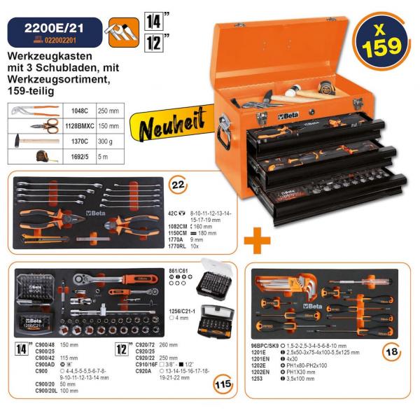 BETA Worker Werkzeugkasten mit 3 Schubladen und 159tlg. Werkzeugsortiment